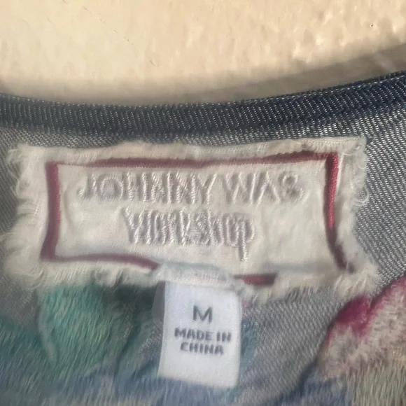 Johnny Was Nico chambray floral embroidery wrap dress